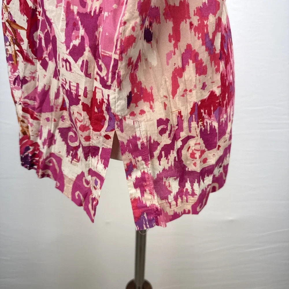 Oscar de la‎ Renta Womens Pink Ikat Long Pajama Set Size M Cotton Poplin Pockets